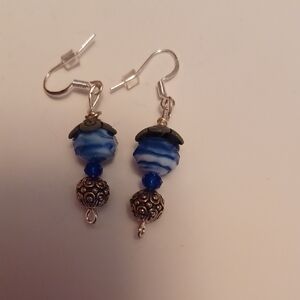 Handcrafted Blue Glass Bead Drop Earrings with Silver Accents/3 Prs For 20.00